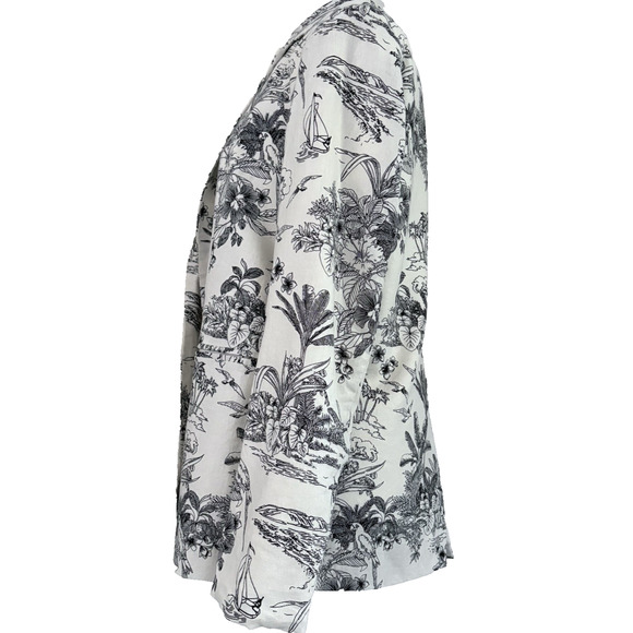 H by HALSTON Medium Linen Blend Blazer Jacket Cream Black Tropical Print Office - Picture 14 of 16